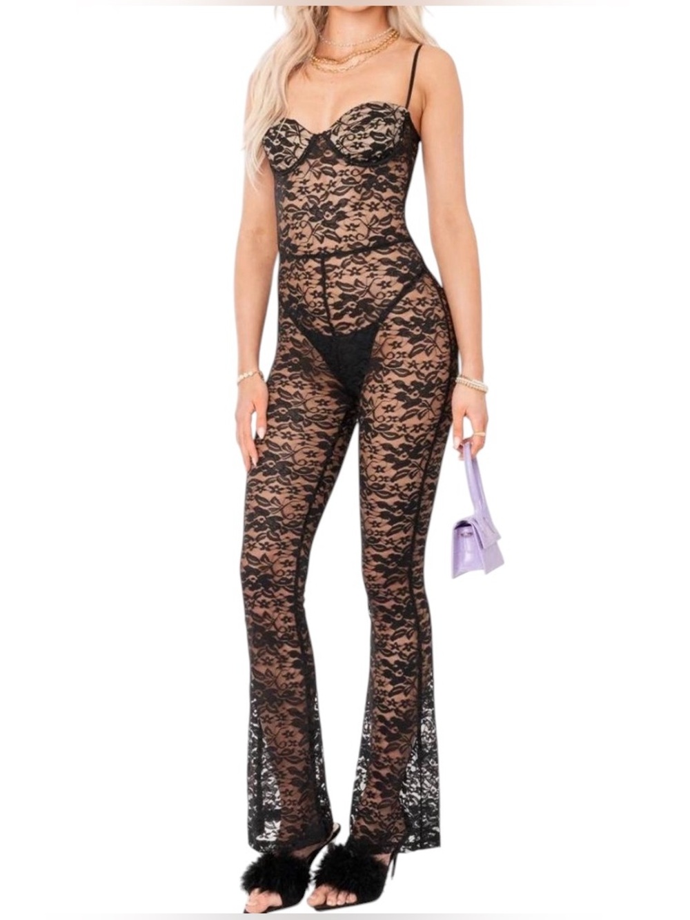 🆕Edikted Cynthia Lace Cup Sheer Jumpsuit in Black S🆕